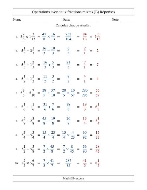 Opérations avec deux fractions mixtes avec dénominateurs égals, résultats sous fractions mixtes et simplification dans tous les problèmes (Remplissable) (B) page 2
