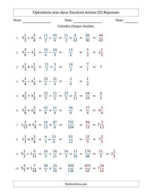 Opérations avec deux fractions mixtes avec dénominateurs égals, résultats sous fractions mixtes et simplification dans tous les problèmes (Remplissable) (D) page 2