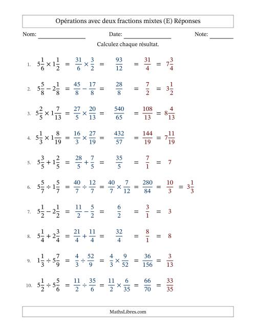 Opérations avec deux fractions mixtes avec dénominateurs égals, résultats sous fractions mixtes et simplification dans tous les problèmes (Remplissable) (E) page 2