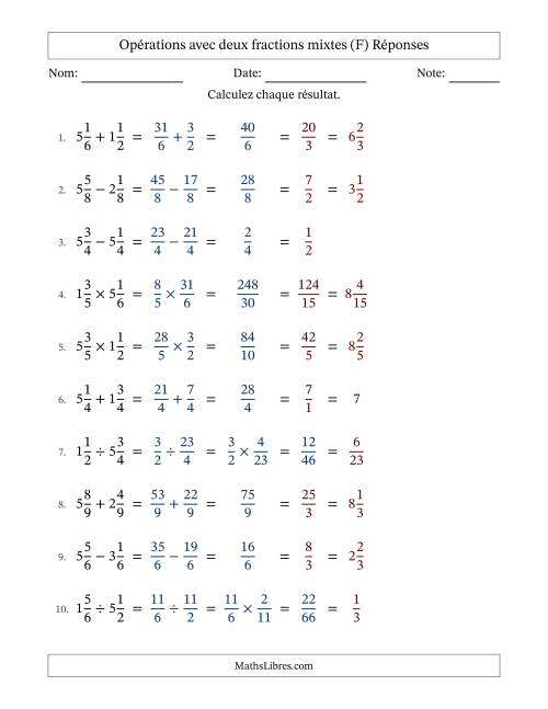 Opérations avec deux fractions mixtes avec dénominateurs égals, résultats sous fractions mixtes et simplification dans tous les problèmes (Remplissable) (F) page 2
