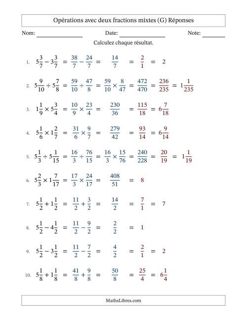 Opérations avec deux fractions mixtes avec dénominateurs égals, résultats sous fractions mixtes et simplification dans tous les problèmes (Remplissable) (G) page 2
