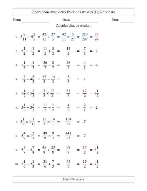 Opérations avec deux fractions mixtes avec dénominateurs égals, résultats sous fractions mixtes et simplification dans tous les problèmes (Remplissable) (H) page 2