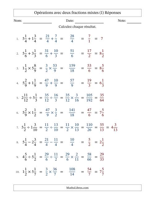 Opérations avec deux fractions mixtes avec dénominateurs égals, résultats sous fractions mixtes et simplification dans tous les problèmes (Remplissable) (I) page 2