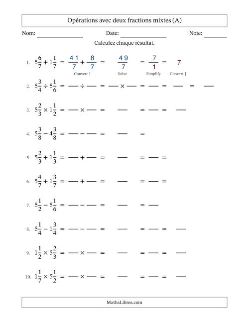 Opérations avec deux fractions mixtes avec dénominateurs égals, résultats sous fractions mixtes et simplification dans tous les problèmes (Remplissable) (Tout)