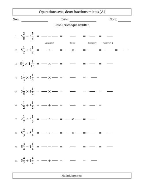 Opérations avec deux fractions mixtes avec dénominateurs égals, résultats sous fractions mixtes et quelque simplification (Remplissable) (A)