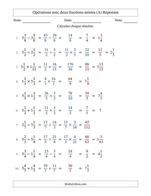 Opérations avec deux fractions mixtes avec dénominateurs égals, résultats sous fractions mixtes et quelque simplification (Remplissable) (A) page 2