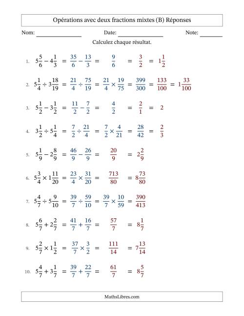 Opérations avec deux fractions mixtes avec dénominateurs égals, résultats sous fractions mixtes et quelque simplification (Remplissable) (B) page 2