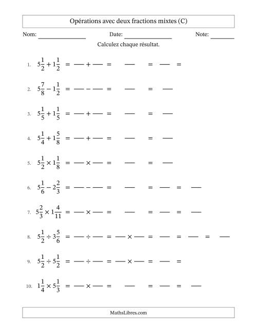 Opérations avec deux fractions mixtes avec dénominateurs égals, résultats sous fractions mixtes et quelque simplification (Remplissable) (C)