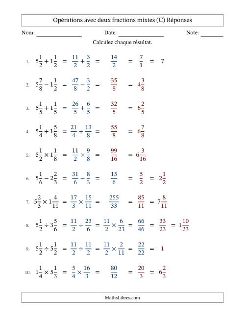 Opérations avec deux fractions mixtes avec dénominateurs égals, résultats sous fractions mixtes et quelque simplification (Remplissable) (C) page 2