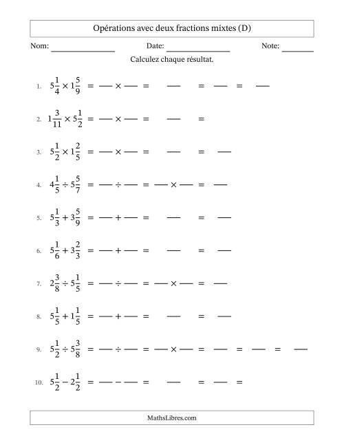 Opérations avec deux fractions mixtes avec dénominateurs égals, résultats sous fractions mixtes et quelque simplification (Remplissable) (D)