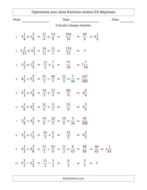Opérations avec deux fractions mixtes avec dénominateurs égals, résultats sous fractions mixtes et quelque simplification (Remplissable) (D) page 2
