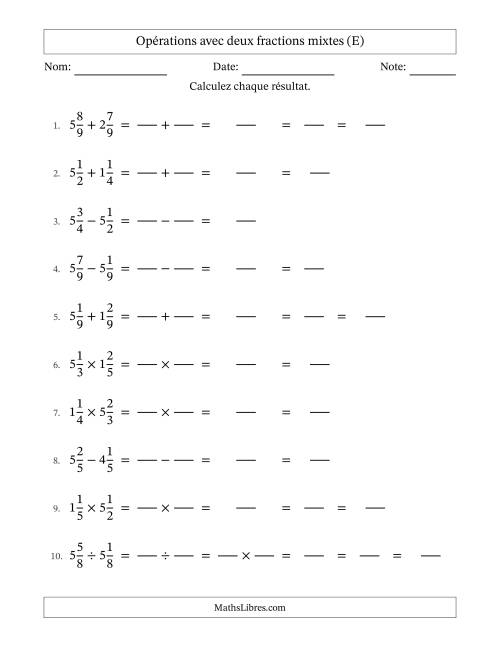 Opérations avec deux fractions mixtes avec dénominateurs égals, résultats sous fractions mixtes et quelque simplification (Remplissable) (E)