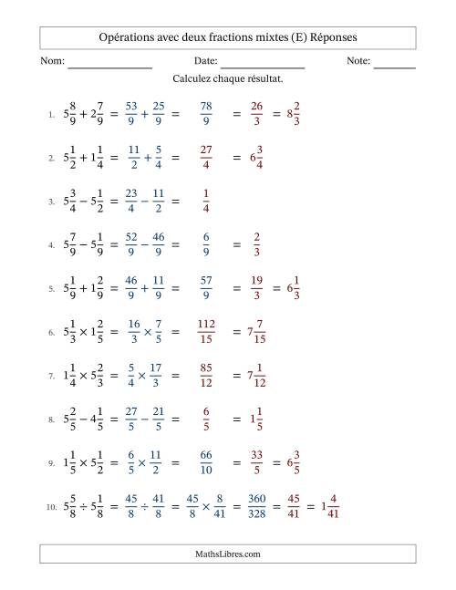 Opérations avec deux fractions mixtes avec dénominateurs égals, résultats sous fractions mixtes et quelque simplification (Remplissable) (E) page 2