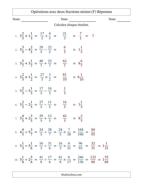 Opérations avec deux fractions mixtes avec dénominateurs égals, résultats sous fractions mixtes et quelque simplification (Remplissable) (F) page 2