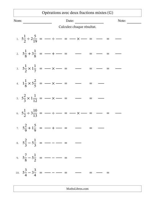 Opérations avec deux fractions mixtes avec dénominateurs égals, résultats sous fractions mixtes et quelque simplification (Remplissable) (G)