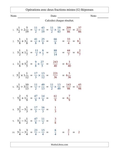 Opérations avec deux fractions mixtes avec dénominateurs égals, résultats sous fractions mixtes et quelque simplification (Remplissable) (G) page 2