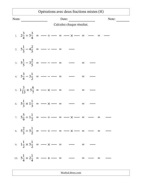 Opérations avec deux fractions mixtes avec dénominateurs égals, résultats sous fractions mixtes et quelque simplification (Remplissable) (H)