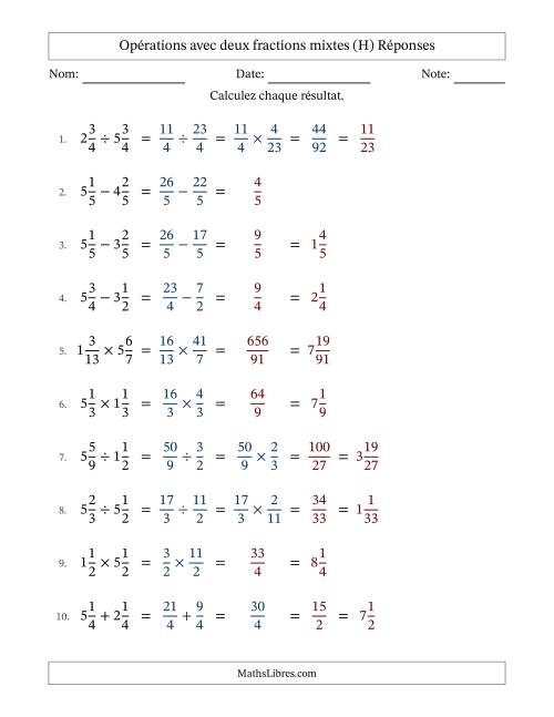 Opérations avec deux fractions mixtes avec dénominateurs égals, résultats sous fractions mixtes et quelque simplification (Remplissable) (H) page 2