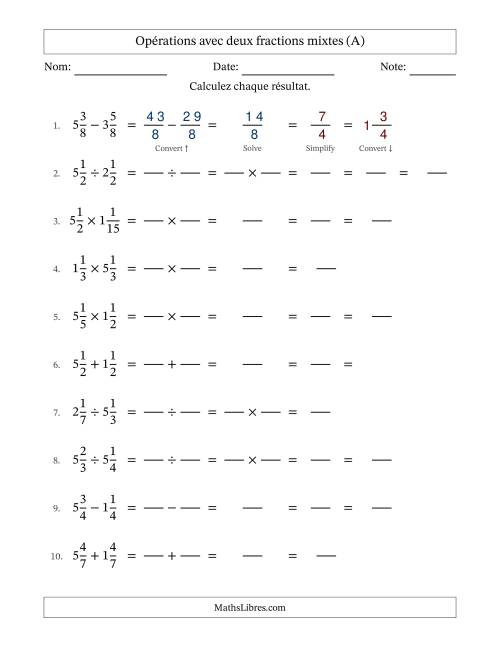 Opérations avec deux fractions mixtes avec dénominateurs égals, résultats sous fractions mixtes et quelque simplification (Remplissable) (Tout)