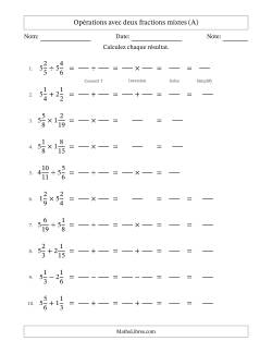 Opérations avec deux fractions mixtes avec dénominateurs similaires, résultats sous fractions mixtes et sans simplification (Remplissable)