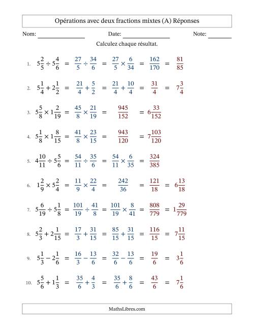 Opérations avec deux fractions mixtes avec dénominateurs similaires, résultats sous fractions mixtes et sans simplification (Remplissable) (A) page 2