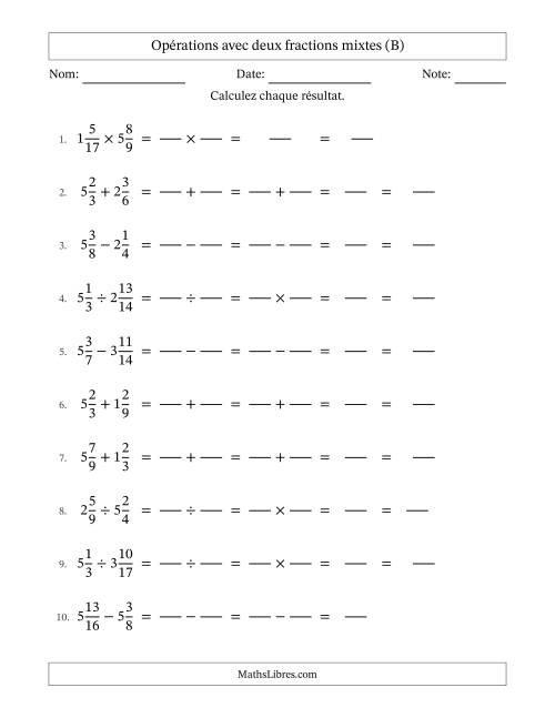 Opérations avec deux fractions mixtes avec dénominateurs similaires, résultats sous fractions mixtes et sans simplification (Remplissable) (B)