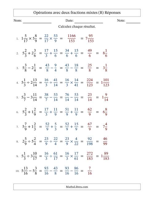 Opérations avec deux fractions mixtes avec dénominateurs similaires, résultats sous fractions mixtes et sans simplification (Remplissable) (B) page 2