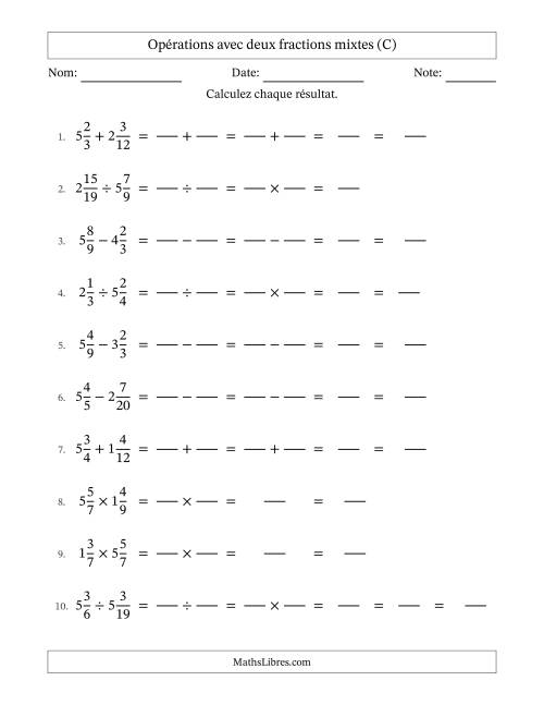 Opérations avec deux fractions mixtes avec dénominateurs similaires, résultats sous fractions mixtes et sans simplification (Remplissable) (C)