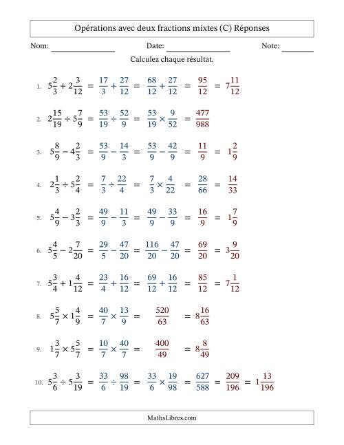 Opérations avec deux fractions mixtes avec dénominateurs similaires, résultats sous fractions mixtes et sans simplification (Remplissable) (C) page 2