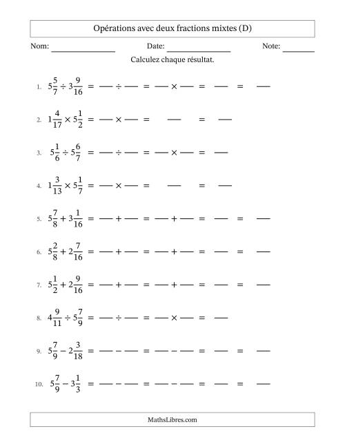 Opérations avec deux fractions mixtes avec dénominateurs similaires, résultats sous fractions mixtes et sans simplification (Remplissable) (D)