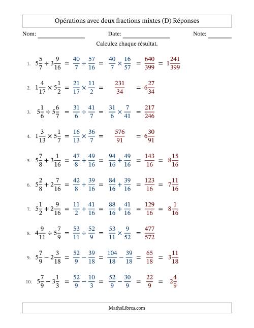 Opérations avec deux fractions mixtes avec dénominateurs similaires, résultats sous fractions mixtes et sans simplification (Remplissable) (D) page 2