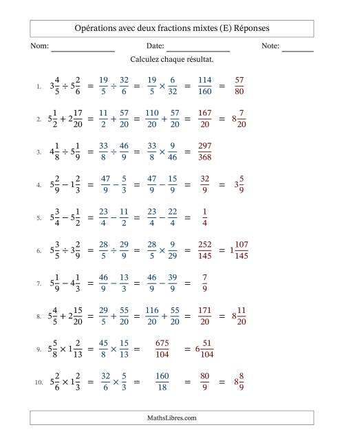Opérations avec deux fractions mixtes avec dénominateurs similaires, résultats sous fractions mixtes et sans simplification (Remplissable) (E) page 2