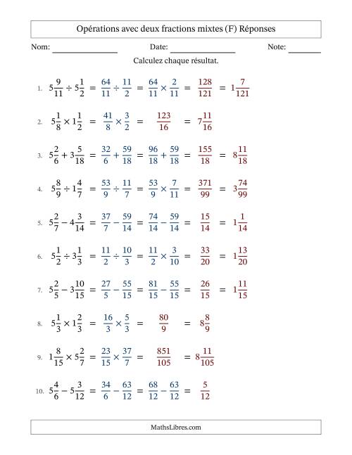 Opérations avec deux fractions mixtes avec dénominateurs similaires, résultats sous fractions mixtes et sans simplification (Remplissable) (F) page 2