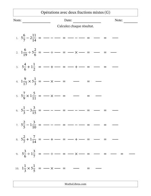 Opérations avec deux fractions mixtes avec dénominateurs similaires, résultats sous fractions mixtes et sans simplification (Remplissable) (G)