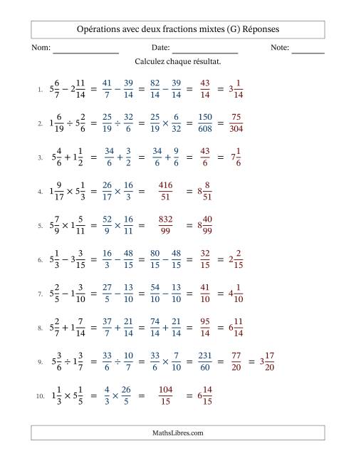 Opérations avec deux fractions mixtes avec dénominateurs similaires, résultats sous fractions mixtes et sans simplification (Remplissable) (G) page 2