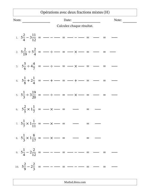 Opérations avec deux fractions mixtes avec dénominateurs similaires, résultats sous fractions mixtes et sans simplification (Remplissable) (H)