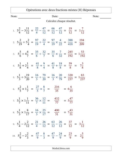 Opérations avec deux fractions mixtes avec dénominateurs similaires, résultats sous fractions mixtes et sans simplification (Remplissable) (H) page 2