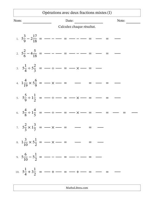 Opérations avec deux fractions mixtes avec dénominateurs similaires, résultats sous fractions mixtes et sans simplification (Remplissable) (I)