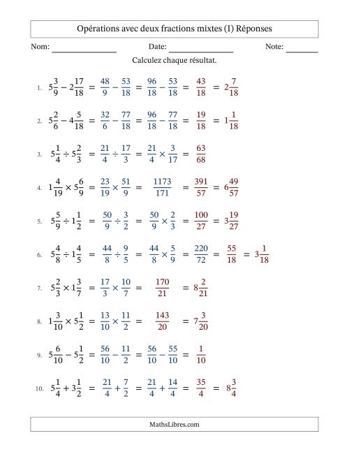 Opérations avec deux fractions mixtes avec dénominateurs similaires, résultats sous fractions mixtes et sans simplification (Remplissable) (I) page 2