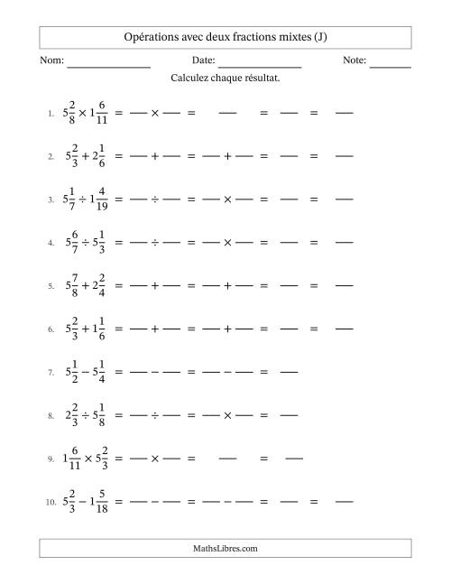 Opérations avec deux fractions mixtes avec dénominateurs similaires, résultats sous fractions mixtes et sans simplification (Remplissable) (J)