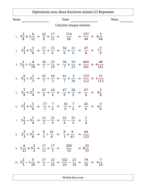 Opérations avec deux fractions mixtes avec dénominateurs similaires, résultats sous fractions mixtes et sans simplification (Remplissable) (J) page 2