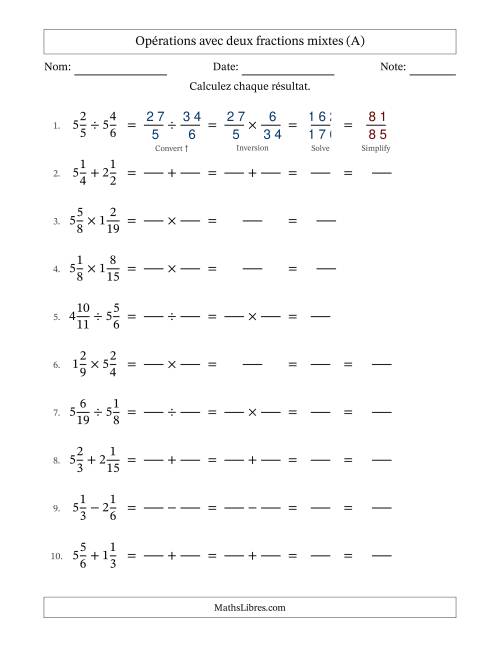 Opérations avec deux fractions mixtes avec dénominateurs similaires, résultats sous fractions mixtes et sans simplification (Remplissable) (Tout)