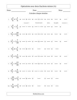 Opérations avec deux fractions mixtes avec dénominateurs similaires, résultats sous fractions mixtes et simplification dans tous les problèmes (Remplissable)