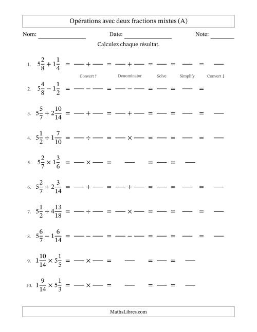 Opérations avec deux fractions mixtes avec dénominateurs similaires, résultats sous fractions mixtes et simplification dans tous les problèmes (Remplissable) (A)