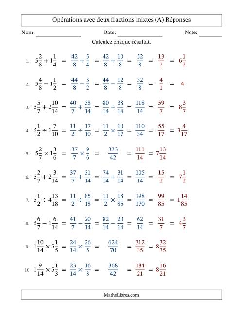 Opérations avec deux fractions mixtes avec dénominateurs similaires, résultats sous fractions mixtes et simplification dans tous les problèmes (Remplissable) (A) page 2