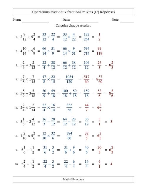 Opérations avec deux fractions mixtes avec dénominateurs similaires, résultats sous fractions mixtes et simplification dans tous les problèmes (Remplissable) (C) page 2