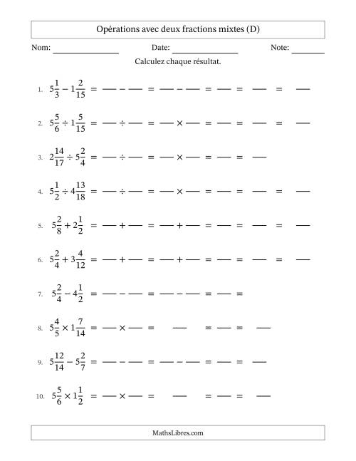 Opérations avec deux fractions mixtes avec dénominateurs similaires, résultats sous fractions mixtes et simplification dans tous les problèmes (Remplissable) (D)