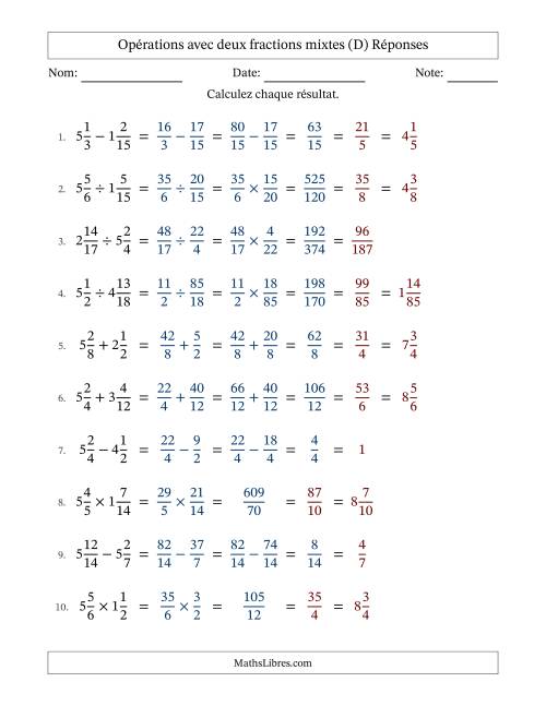 Opérations avec deux fractions mixtes avec dénominateurs similaires, résultats sous fractions mixtes et simplification dans tous les problèmes (Remplissable) (D) page 2