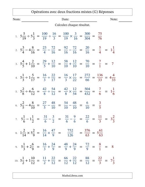 Opérations avec deux fractions mixtes avec dénominateurs similaires, résultats sous fractions mixtes et simplification dans tous les problèmes (Remplissable) (G) page 2