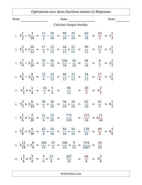Opérations avec deux fractions mixtes avec dénominateurs similaires, résultats sous fractions mixtes et simplification dans tous les problèmes (Remplissable) (I) page 2